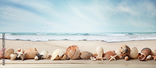 Sea shells displayed on a weathered table with open space for adding text or images - copy space image.