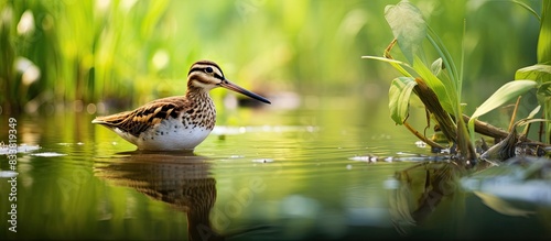 Common snipe foraging in a summer wetland setting, with available copy space image. photo