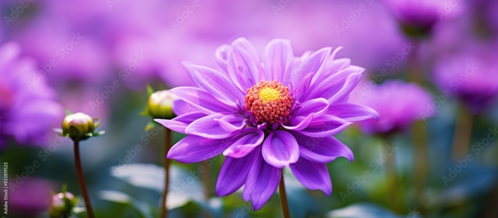 A blooming purple margaret flower in a garden with a vibrant look and an elegant appearance, suitable for adding text or other elements in the copy space image. A blooming purple margaret flower in a garden with a vibrant look and an elegant appearance, suitable for adding text or other elements in the copy space image.