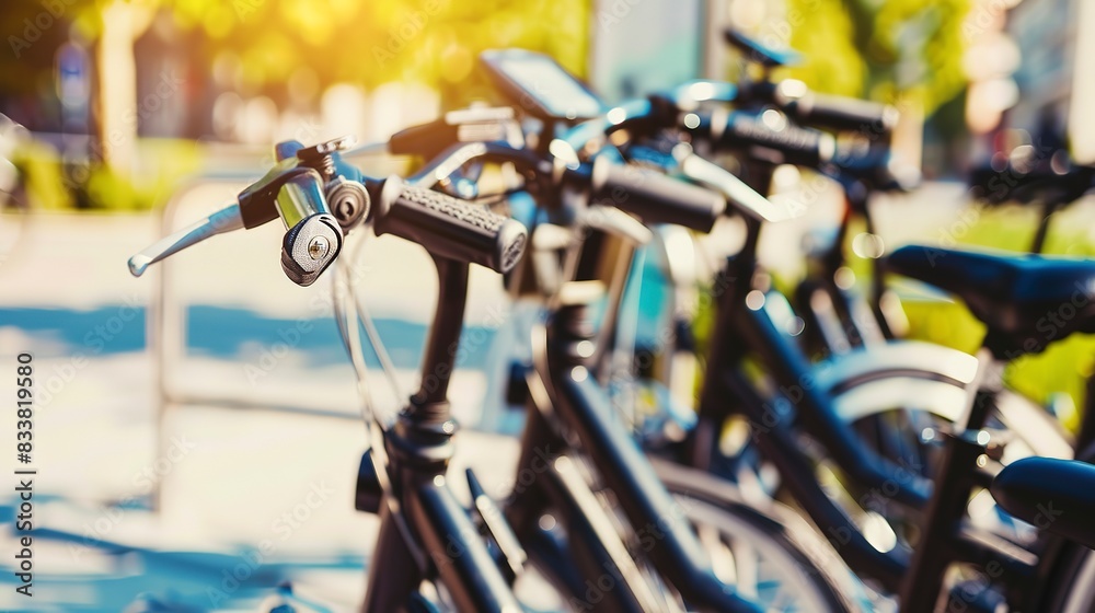 Obraz premium City bike share station, close view of aligned bicycles, focus on handlebars, daytime clarity.