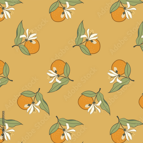 Seamless pattern of orange fruit and flowers on ginger background. Simple summer print of ripe citruses grid.