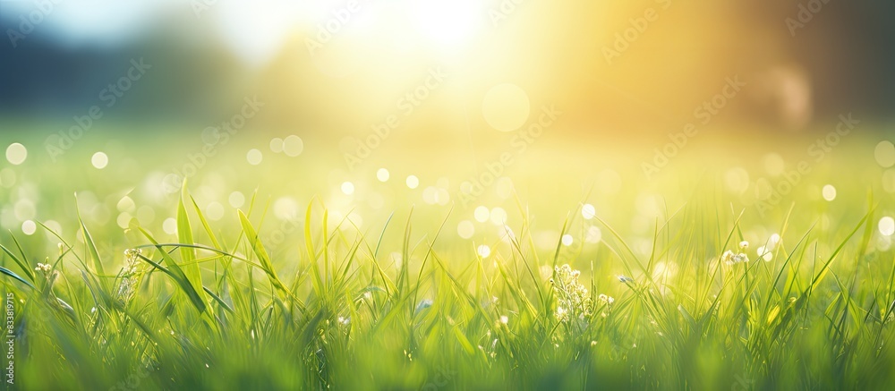 Fototapeta premium Morning sun shining over a blurred grassy field with copy space image included.