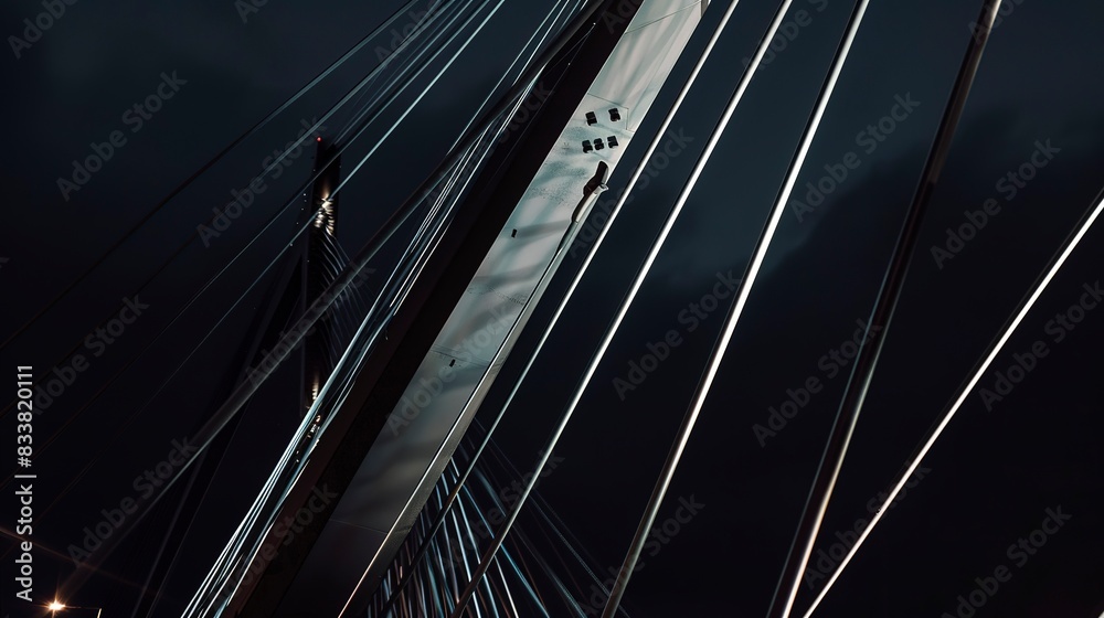 Obraz premium Close focus on a bridge with architectural lighting, steel cables highlighted against the night sky. 