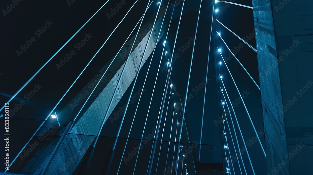 Obraz premium Close focus on a bridge with architectural lighting, steel cables highlighted against the night sky. 