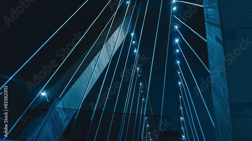 Close focus on a bridge with architectural lighting, steel cables highlighted against the night sky. 