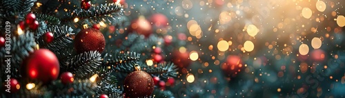 An elegant aerial view of a Christmas tree richly adorned with red and green baubles, the blurred lights creating a halo effect, ample space for text. photo