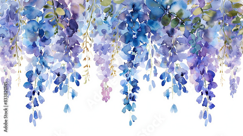 watercolor blue wisteria hanging down on white background, clip art style,