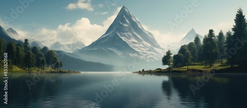 Mountain peak with a pristine lake provides a stunning view, ideal for a nature-themed copy space image.