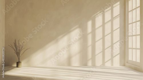 Minimalist light beige wall with elegant shadow from window, ideal background for product display