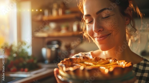 A woman is enjoying a piece of freshly baked pie on a tartan plate, savoring the flaky crust and tasty filling as she chews with satisfaction AIG50 photo