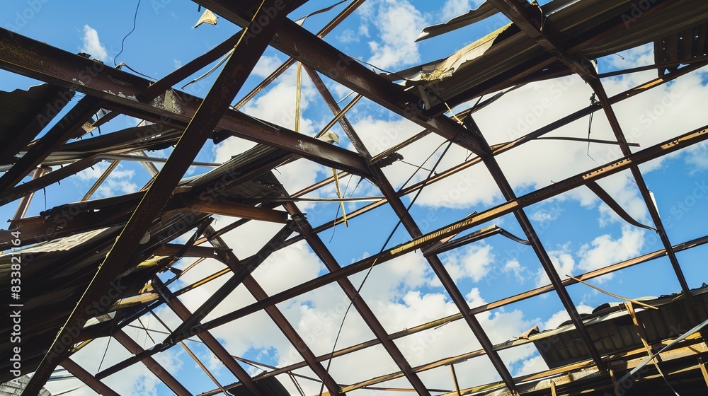 Close-up on a collapsed roof in an industrial building, exposed beams and sky view. Close-up on a collapsed roof in an industrial building, exposed beams and sky view.