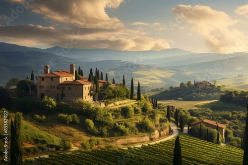 Majestic view of a traditional tuscan villa amid rolling hills and cypress trees during a golden sunset