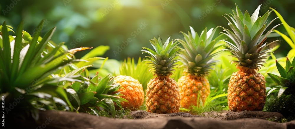 Garden with pineapples, including a young pineapple fruit, with a beautiful background for a copy space image. Garden with pineapples, including a young pineapple fruit, with a beautiful background for a copy space image.