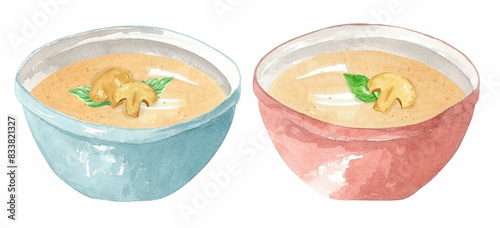 Mushroom puree soup with basil in a blue plate. Set hand drawn watercolor illustration isolated on white background. Template for design.