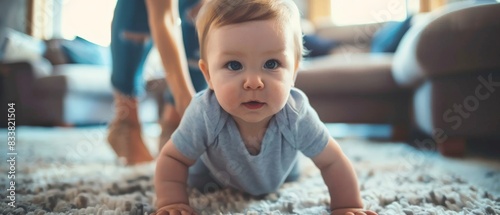 Cute little baby boy crawling on the floor at home with his mom