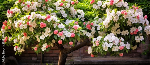 A beautiful apple tree in full bloom with white flowers in a small home garden of unique columnar trees  creating a picturesque scene with copy space image.
