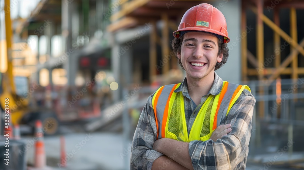 Smiling Young Man in Construction Gear at a Building Site, Highlighting Safety Regulations and Urban Development Smiling Young Man in Construction Gear at a Building Site, Highlighting Safety Regulations and Urban Development