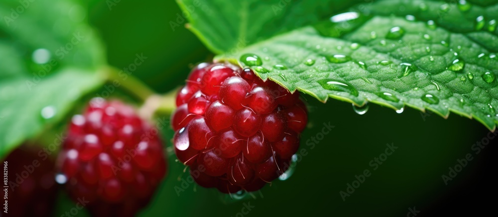 Detailed macro shot of water droplets on a red raspberry with a green backdrop in a copy space image. Detailed macro shot of water droplets on a red raspberry with a green backdrop in a copy space image.