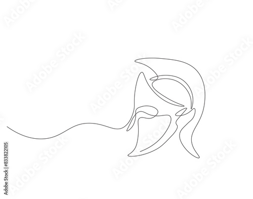 Continuous one line drawing of Sparta helmet. One line drawing illustration spartan helmet of roman warrior. Ancient greek warrior concept continuous line art. Editable outline.