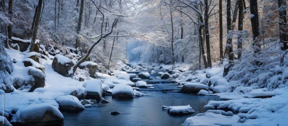 Capture the inaugural snowfall in a wooded area with a flowing creek, signaling the commencement of winter and the initial frost in a late autumn scenery with a copy space image. Capture the inaugural snowfall in a wooded area with a flowing creek, signaling the commencement of winter and the initial frost in a late autumn scenery with a copy space image.