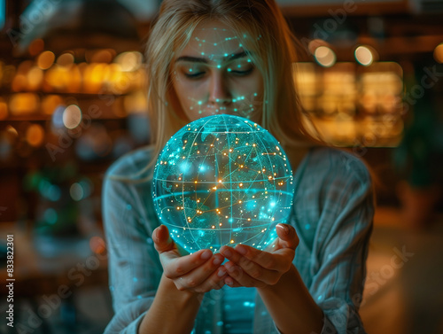 Business woman holding an illuminated sphere connected to the internet, rete blockchain con campi dati fluttuanti, meeting room of a large company photo