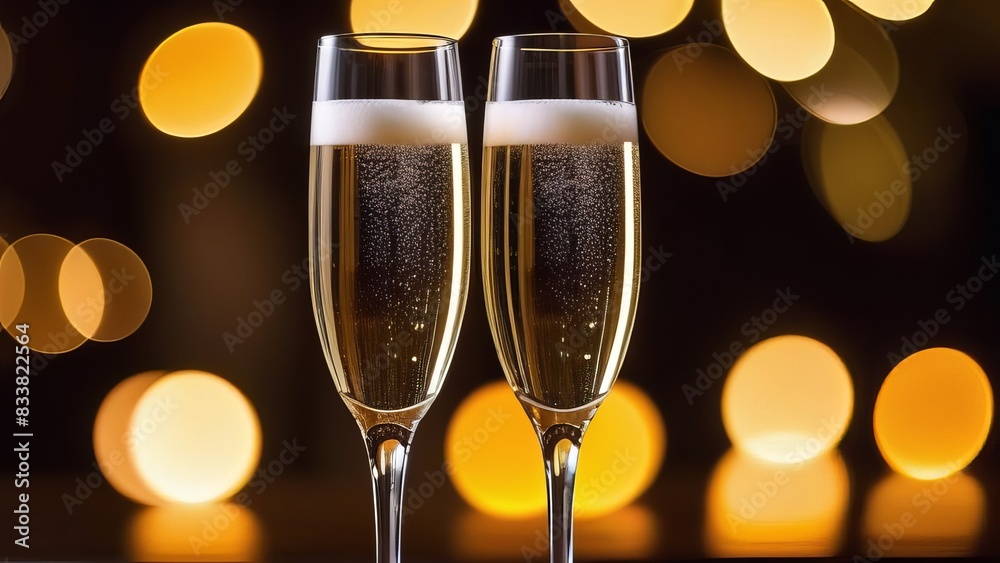 Two glasses of champagne sparkle against a backdrop of golden bokeh lights. The celebratory setting exudes elegance and joy, perfect for special occasions and toasts Two glasses of champagne sparkle against a backdrop of golden bokeh lights. The celebratory setting exudes elegance and joy, perfect for special occasions and toasts