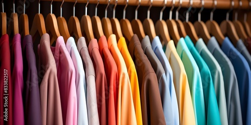 Closeup of colorful shirts on wooden hangers in a closet for fashion topics. Concept Closet Organization, Fashion Photography, Colorful Shirts, Wardrobe Essentials, Textile Styling © Ян Заболотний