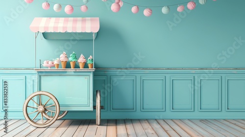 A charming ice cream cart with pastelcolored decorations, parked in front of a pastel blue wall photo