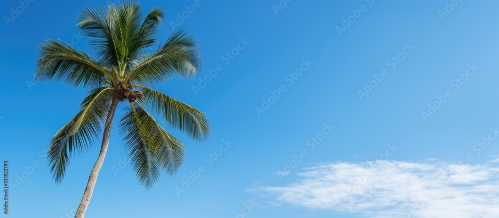 Fototapeta premium A tropical coconut palm tree set against a clear blue sky provides a serene copy space image.