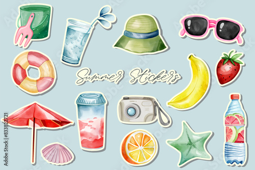 Hand drawn stickers summertime clipart. Watercolor set of summer stickers. Summer stuff set.