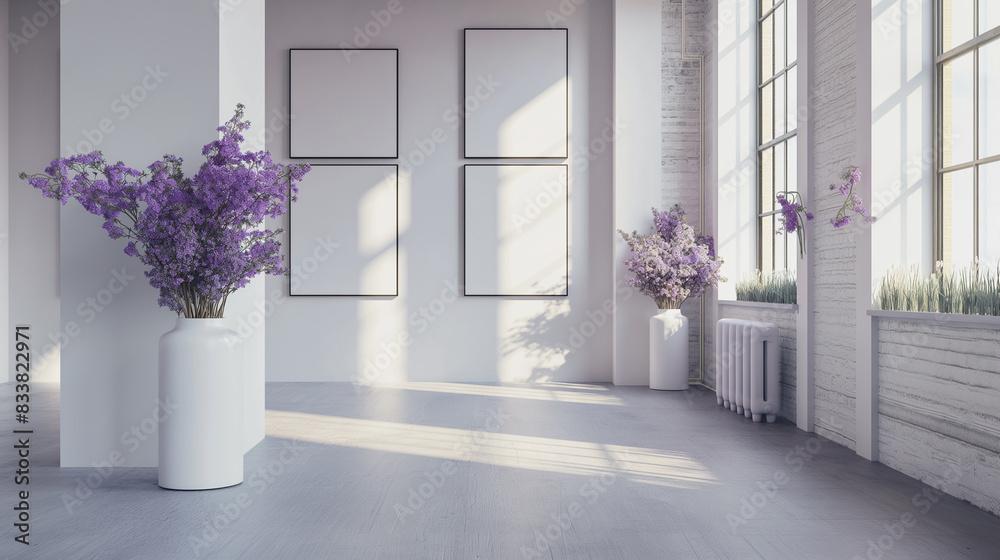 Fototapeta premium Mock up of frame with small plants in vase on white classic wall ai generated