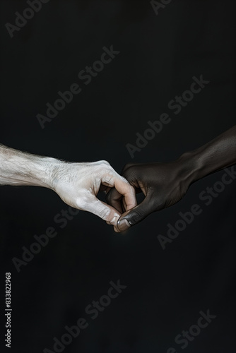Gently Touch Between Two Hands Painted Black and White Against Dark Background. © Anna