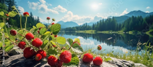Striking natural scenery with wild strawberries on display in a picturesque copy space image.
