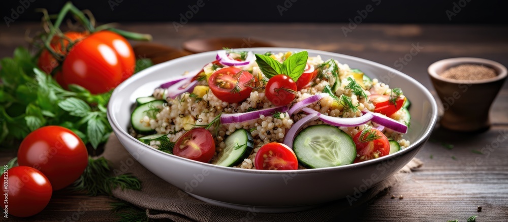 Healthy vegan food featuring a quinoa white bean salad garnished with cherry tomatoes, cucumber, red onion, and herbs, with copy space image. Healthy vegan food featuring a quinoa white bean salad garnished with cherry tomatoes, cucumber, red onion, and herbs, with copy space image.