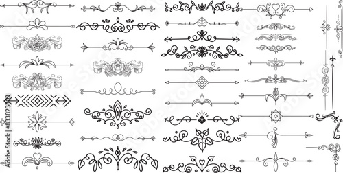 Line dividers. Decorative swirl text separators  vintage divider. Victorian flourishes line calligraphic swirly filigree decoration editable stroke vector set 