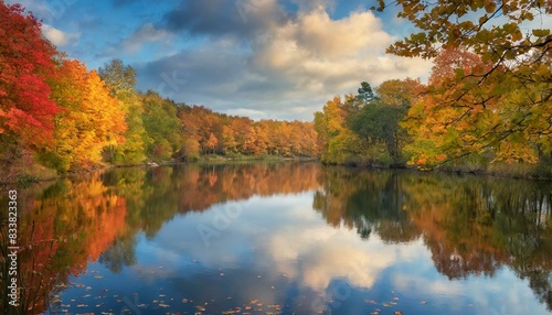 A picturesque autumn landscape with vibrant foliage reflected in a calm lake. AI generated
