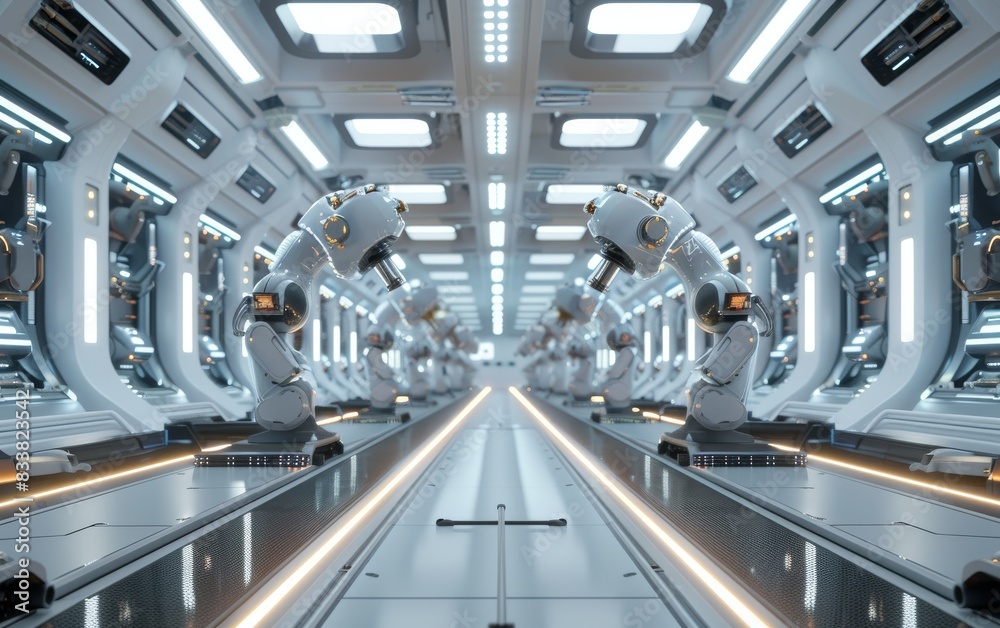 Naklejka premium Visualize a futuristic smart manufacturing facility with robots and advanced technology, blending futuristic elements with a sleek and clean design, suitable for digital rendering