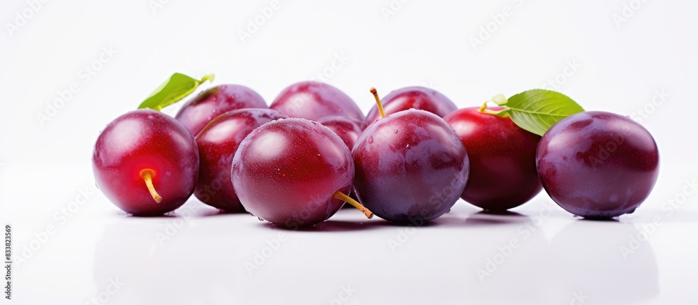 Marian plum fruit displayed on a white backdrop with copy space image. Marian plum fruit displayed on a white backdrop with copy space image.