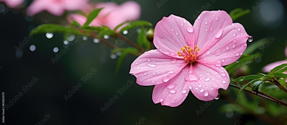 Obraz premium Pink kamboja flower with unfocused water droplets or dew creating a beautiful effect in Magelang, copy space image opportunity.