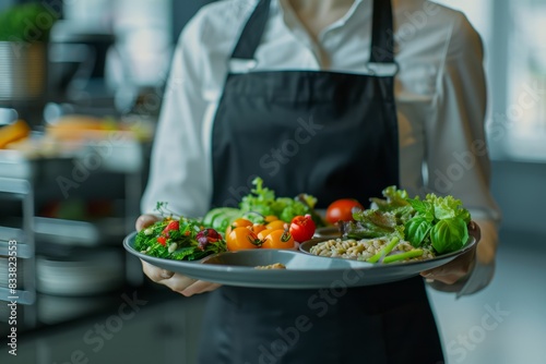 Professional Chef Presenting Fresh Vegetarian Salad Dish in Modern Kitchen
