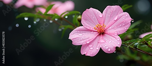 Pink kamboja flower with unfocused water droplets or dew creating a beautiful effect in Magelang, copy space image opportunity. photo