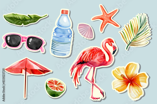 Watercolor summertime stickers. Flamingo. Exotic palm leaves. Summer elements.