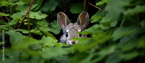 A gray rabbit concealed wit...