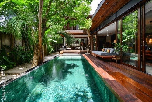 Modern luxury home with pool merges seamlessly with lush greenery and wooden accents © juliars