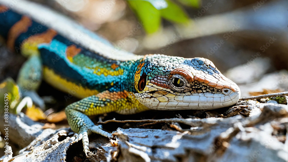 Naklejka premium A colorful skyros wall lizard, hiding on a fallen tree trunk in shade, with copyspace, 16:9, 300dpi