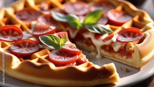 delicious pizza waffle topped with tomato slices, fresh basil, and melted mozzarella cheese. The waffle base is golden and crispy, making it a unique and flavorful fusion dish