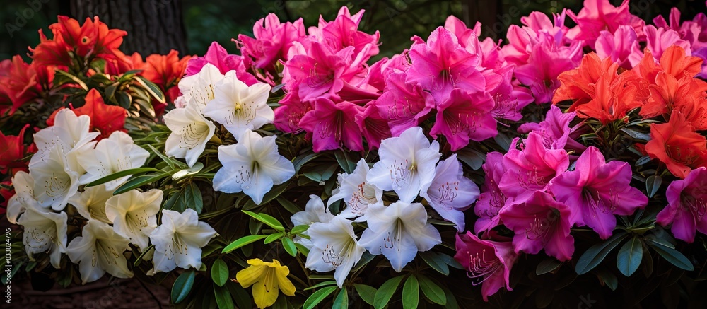 A colorful arrangement of azaleas in my garden, with a blank space for adding text or images. with copy space image. Place for adding text or design A colorful arrangement of azaleas in my garden, with a blank space for adding text or images. with copy space image. Place for adding text or design