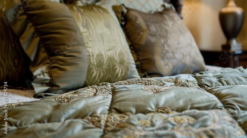 Luxurious bedding in a master suite, close-up on plush fabrics and detailed stitching, serene lighting. 