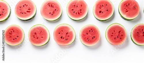 Watermelon slices displayed on a white backdrop with ample copy space image.