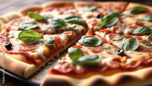 A classic pizza topped with fresh basil leaves and melted mozzarella cheese on a crispy crust. The pizza is baked to perfection and cut into slices, ready to be enjoyed